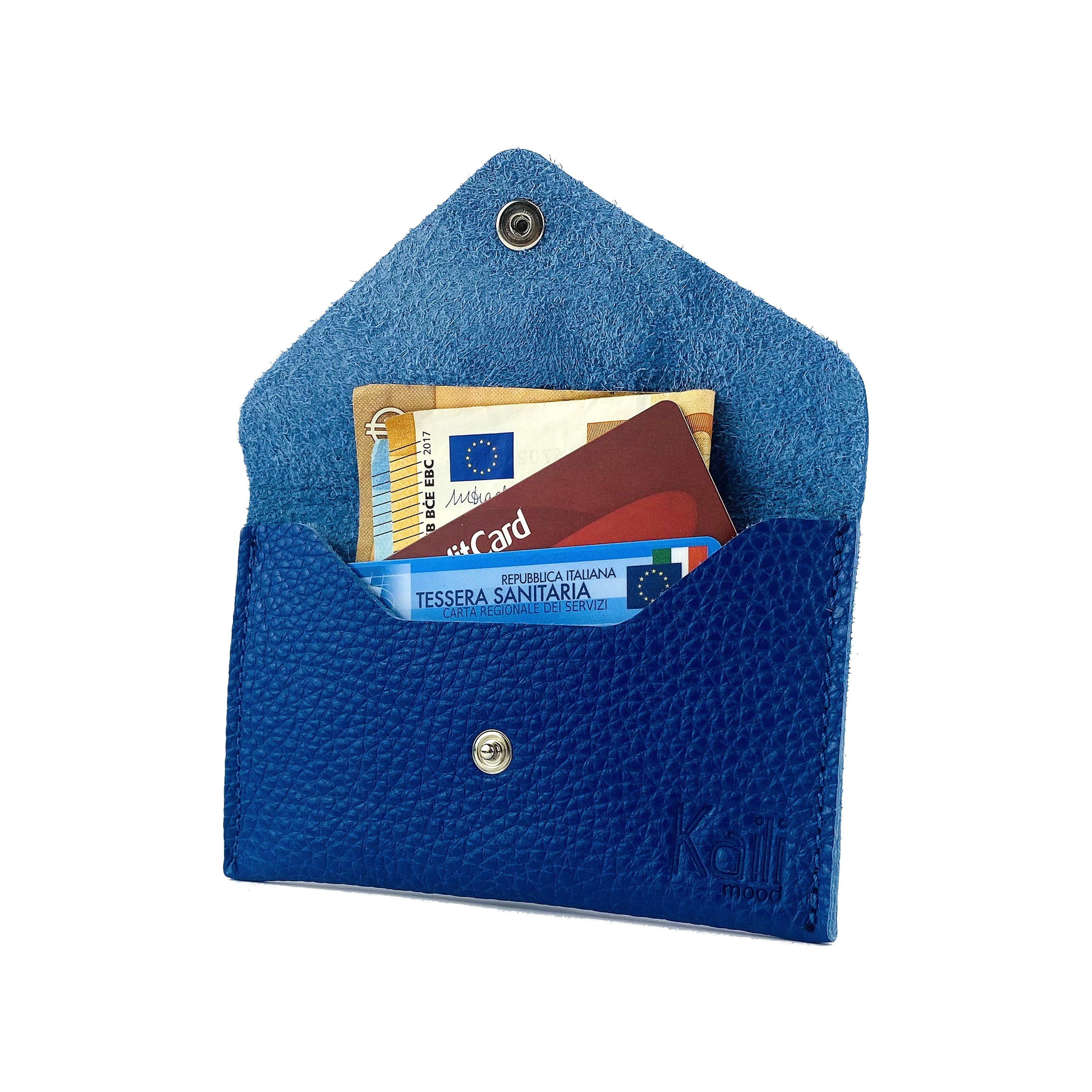 K0040DB | Bustina con pattina Made in Italy in Vera Pelle pieno fiore, grana dollaro - Colore Blu - Dimensioni: cm 13 x 8 x 0,5 - Confezione: Gift Box rigido fondo/coperchio-0